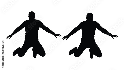 Silhouettes of two individuals in a dynamic jumping pose against a white background