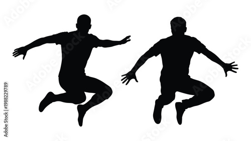 Two silhouetted figures are mid air jumping with arms outstretched in dynamic poses