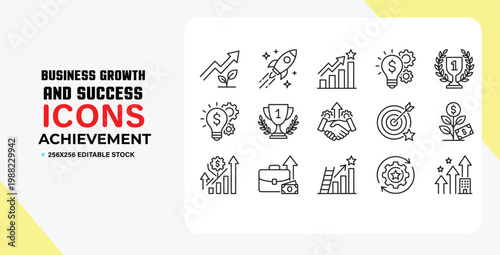 Collection of business growth and success icons for achievement and progress visualization