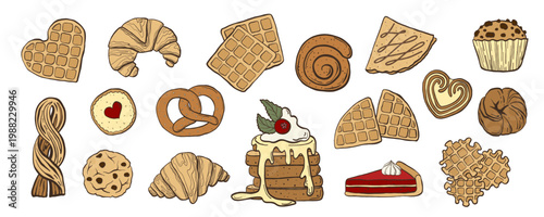 Doodle bakery products set. Cupcake, croissant, biscuit, waffle, cheesecake, pretzel, bun, cinnamon roll vector illustrations. Hand drawn confectionery clipart.