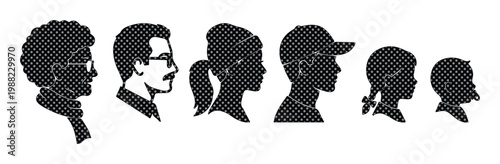 Vintage family silhouette set with halftone texture, profile head icons of diverse people, retro black and white human portraits vector
