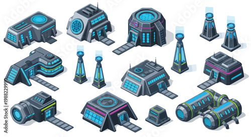 Isometric Futuristic Sci-Fi City Buildings and Towers Vector Set