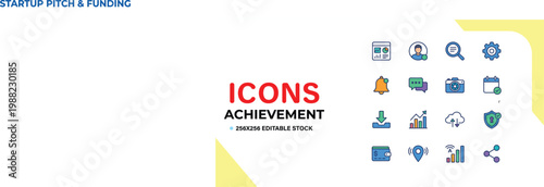 Colorful achievement icons set for startup pitch funding and business presentations