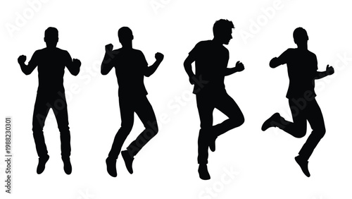 Four silhouetted figures are depicted in dynamic celebratory poses appearing to dance or cheer