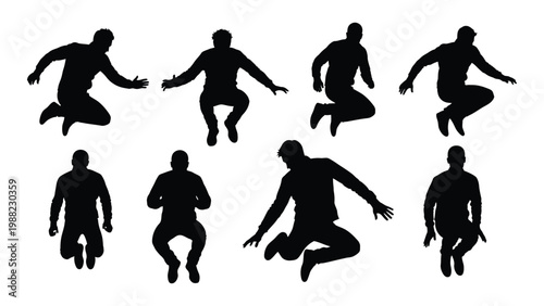 Silhouettes of people in dynamic jumping poses suggesting movement and energy
