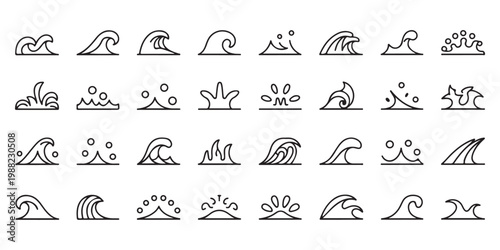 Collection of Simple Ocean Wave and Sea Tide Line Icons