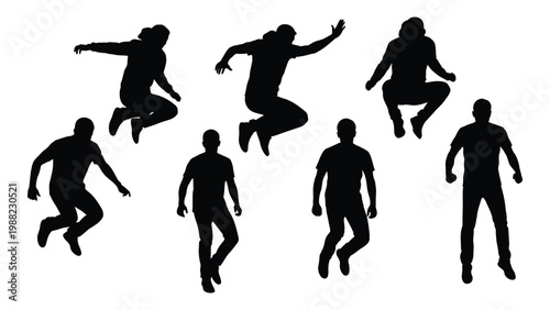 A collection of silhouetted figures dynamically jumping and posing against a white background