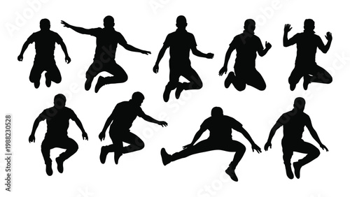 Silhouettes of men in various dynamic jumping and athletic poses against a white background