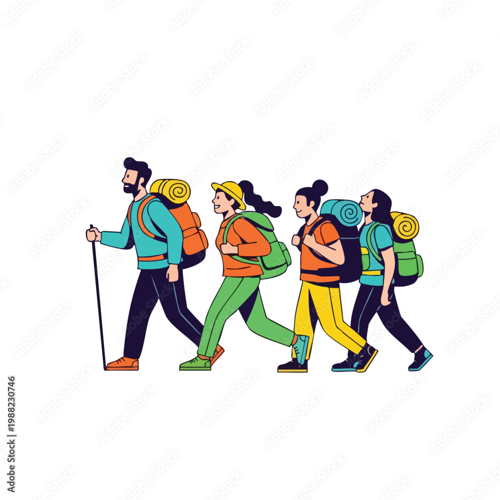 Fototapeta premium Group of hikers walking with backpacks, outdoor adventure, flat illustration