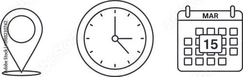 A simple line drawing of a location pin, clock, and calendar on a white background