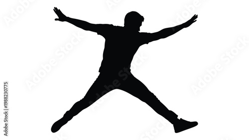 A silhouetted figure of a person mid jump arms outstretched against a white background