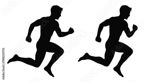 Two male silhouettes are dynamically captured mid stride suggesting speed and athletic movement