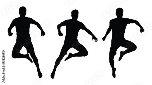 Three silhouetted figures mid jump appearing dynamic and athletic against a white background