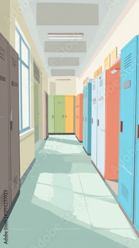 School Hallway With Colorful Lockers