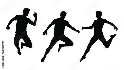 Three silhouetted figures dynamically jumping depicted in mid air action poses