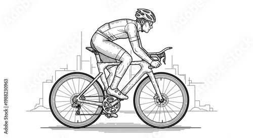 Cyclist in action on a modern racing bicycle against city silhouette