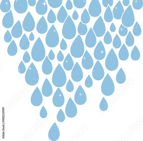 A stylized illustration of blue water droplets falling on a white background