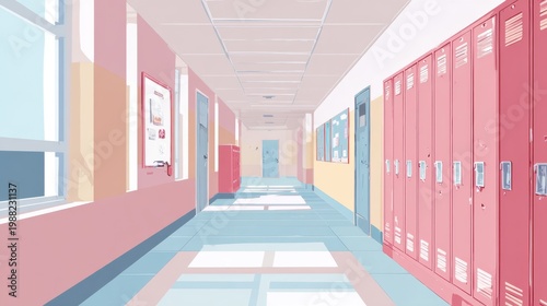 School Hallway With Pink Lockers And Windows