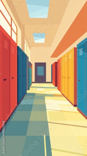 School Hallway With Colorful Lockers