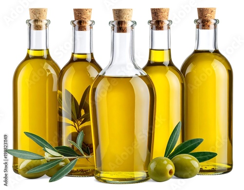 Five glass bottles filled with golden liquid, sealed with corks, surrounded by green olives and leaves, on a white background