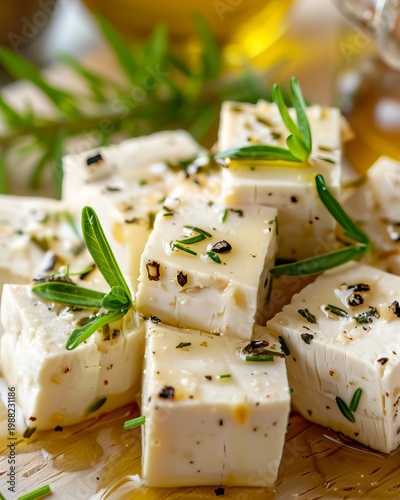 Fresh feta cheese cubes marinated in olive oil with fresh rosemary and black pepper herbs sprinkled on top served on a wooden board with tarragon.