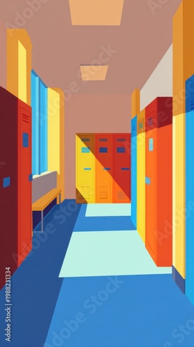 Colorful School Hallway with Lockers