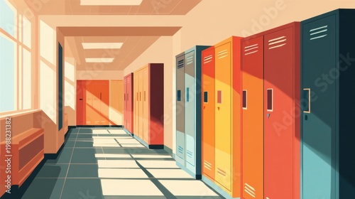School Hallway With Colorful Lockers