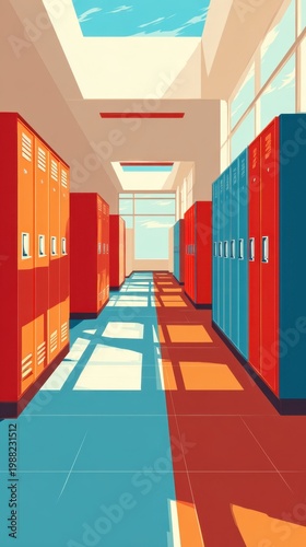 School Hallway With Lockers And Sunlight
