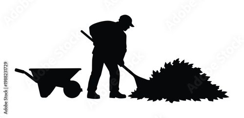 Gardener silhouette raking autumn leaves into pile, professional landscaper with wheelbarrow vector, yard work and garden maintenance concept