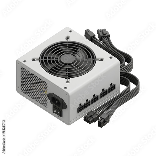 White Modular Computer Power Supply Unit with Cables Isometric View
