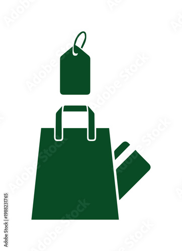 Minimalist shopping bag icon with price tag and credit card, dark green retail commerce vector, flat consumerism and e-commerce symbol