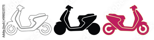 Modern electric scooter vector icons, minimalist motor scooter silhouettes in black and pink, urban delivery moped line art set for logistics apps