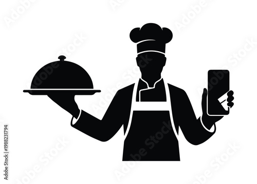 Chef silhouette holding food tray and smartphone, restaurant delivery service icon, professional cook with mobile app for online ordering