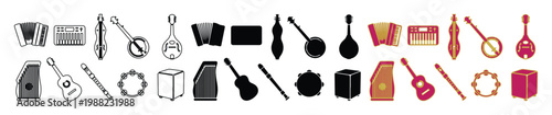 Folk music instruments icon set, acoustic string and percussion vector elements, traditional musical equipment collection in outline and silhouette styles