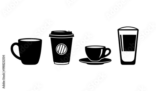 Coffee cup and mug silhouettes set with espresso takeaway and latte glass for beverage service vector