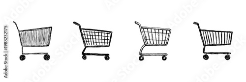 Shopping Cart Icons In Hand Drawn Style Set. E-Commerce, Retail, Online Shopping Doodle Sketch Collection. Consumerism And Marketplace Symbols. Isolated Vector Illustration