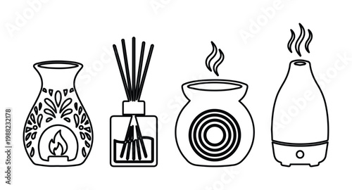 Aromatherapy icons set with essential oil diffuser, reed diffuser sticks, and ceramic oil burner. Minimalist line art vector for home fragrance and spa wellness.