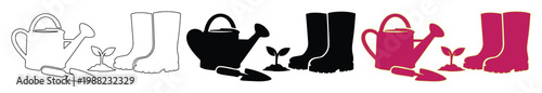 Gardening tool vector icons set, watering can and rubber boots silhouettes, flat garden equipment collection in black and pink colors