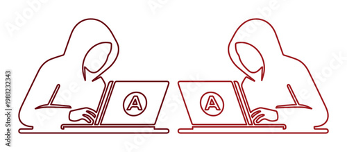 Cybersecurity hacker line art vector, hooded anonymous programmers with laptops, dark red outline of computer criminals for network security concepts
