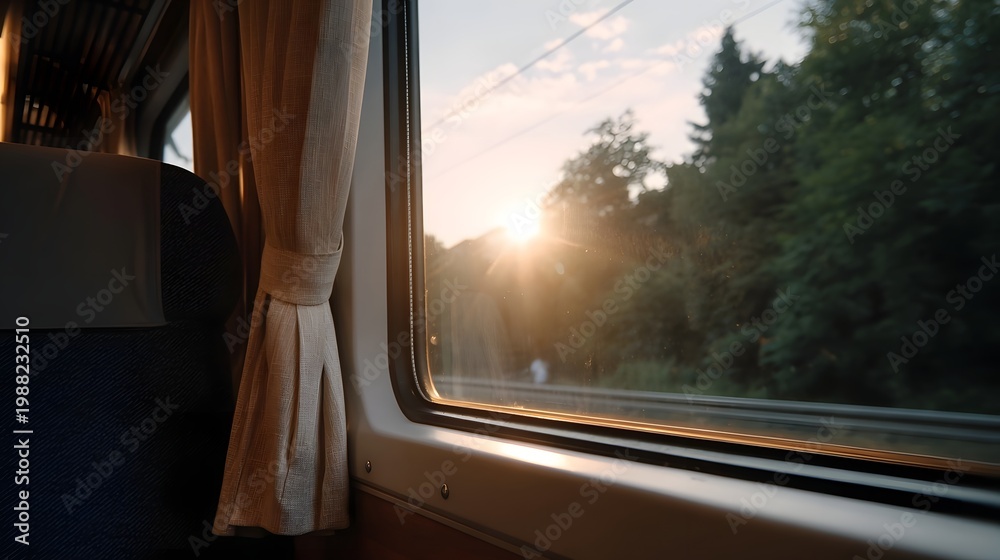 Fototapeta premium Golden sunlight streams through the window illuminating the scenic view of a forest passing by during a peaceful journey