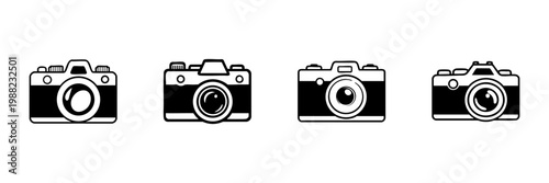 Vintage Camera Icons In Hand Drawn Style Set. Photography Equipment, Retro Camera Design Doodle Sketch Collection. Classic Camera Illustrations. Isolated Vector Illustration