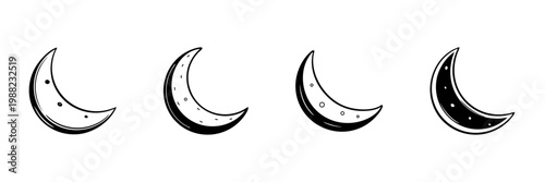 Crescent Moon Phases In Hand Drawn Style Set. Lunar Cycle, Nighttime Symbolism, Celestial Doodle Sketch Collection. Astronomy And Astrology Theme. Isolated Vector Illustration