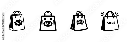 Shopping Bags With Sale Text In Hand Drawn Style Set. Retail Promotion, Discount Marketing, Consumer Shopping Doodle Sketch Collection. E-Commerce Advertising. Isolated Vector Illustration
