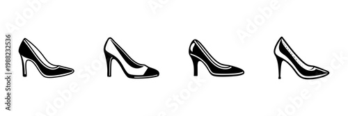 High Heel Shoe Icons In Hand Drawn Style Set. Fashionable Footwear, Elegant Style, Women'S Fashion Doodle Sketch Collection. Stylish Design Elements. Isolated Vector Illustration