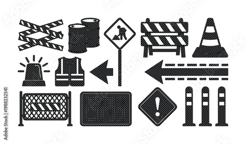 Road construction icon set in black silhouette style, industrial safety equipment and traffic barrier vector collection, site maintenance symbols