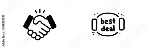 Handshake And Best Deal Icons In Hand Drawn Style Set. Business Agreement, Partnership, And Promotional Offer Doodle Sketch Collection. Collaborative Success. Isolated Vector Illustration