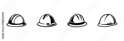 Hard Hat Icons In Hand Drawn Style Set. Construction Safety, Worker Protection, Industrial Equipment Doodle Sketch Collection. Occupational Safety Symbols. Isolated Vector Illustration