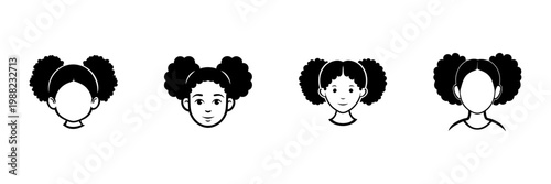 Afro Puffs Hairstyle Icons In Hand Drawn Style Set. Diverse Female Faces With Curly Hair Doodle Sketch Collection. Hair Fashion And Style Representation. Isolated Vector Illustration