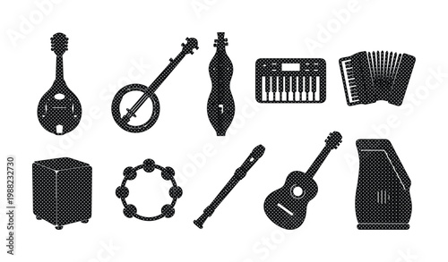 Musical instrument silhouette icons, collection of 10 folk and acoustic music vector elements, black minimalist string and percussion graphics