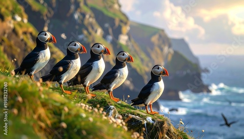 Five seabirds stand proudly on a green cliff, overlooking a vast, turbulent ocean. A second bird flies past the sea cliffs